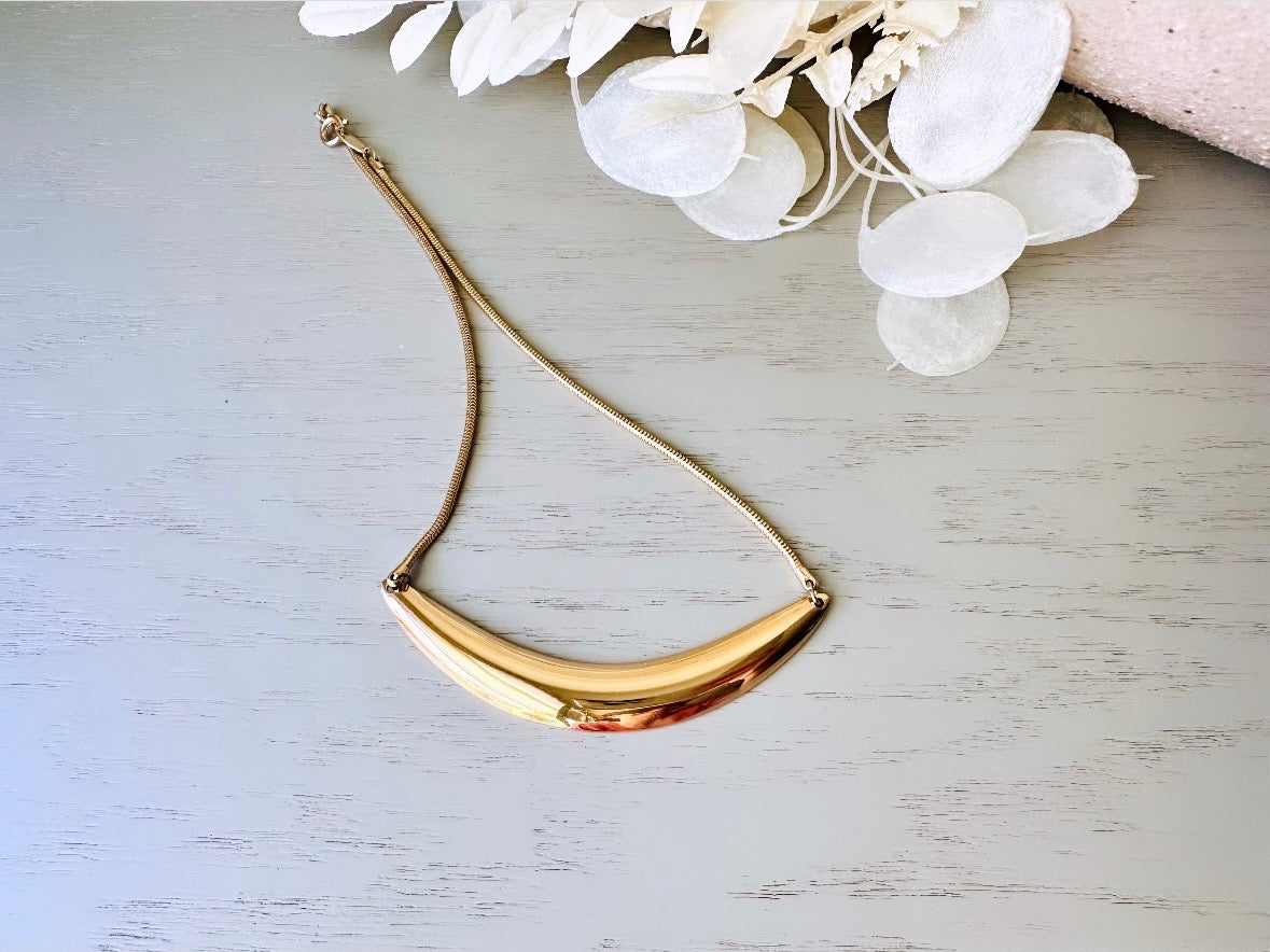 Gold Vintage Napier Choker Necklace, Sleek Gold Collar Necklace, 80's Bold Gold Geometric Crescent Bar Necklace, Signed Designer Vintage