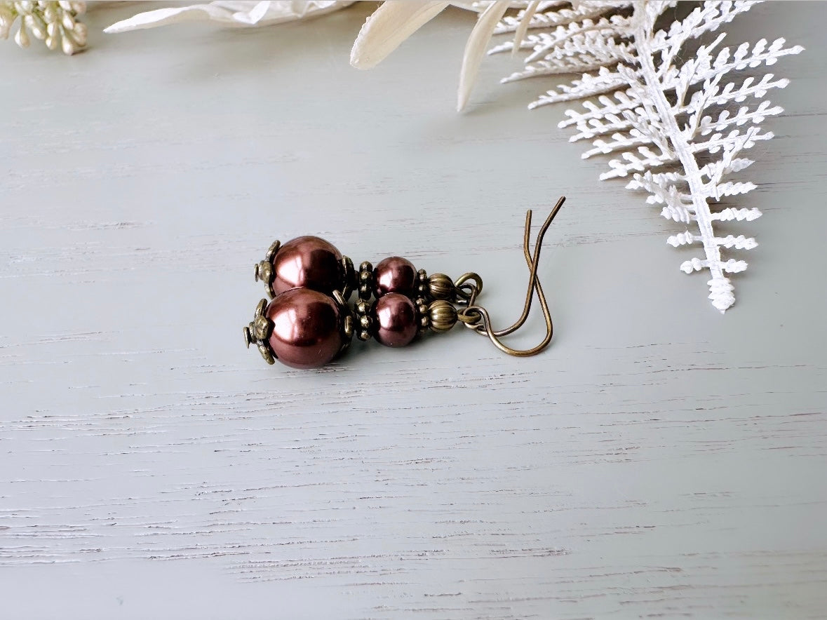 Bridgerton Pearl Earrings in Chocolate Brown, Handmade Beaded Drop Earrings w Antique Bronze Floral Accents, Regency Era Vintage Inspired by Piggle and Pop