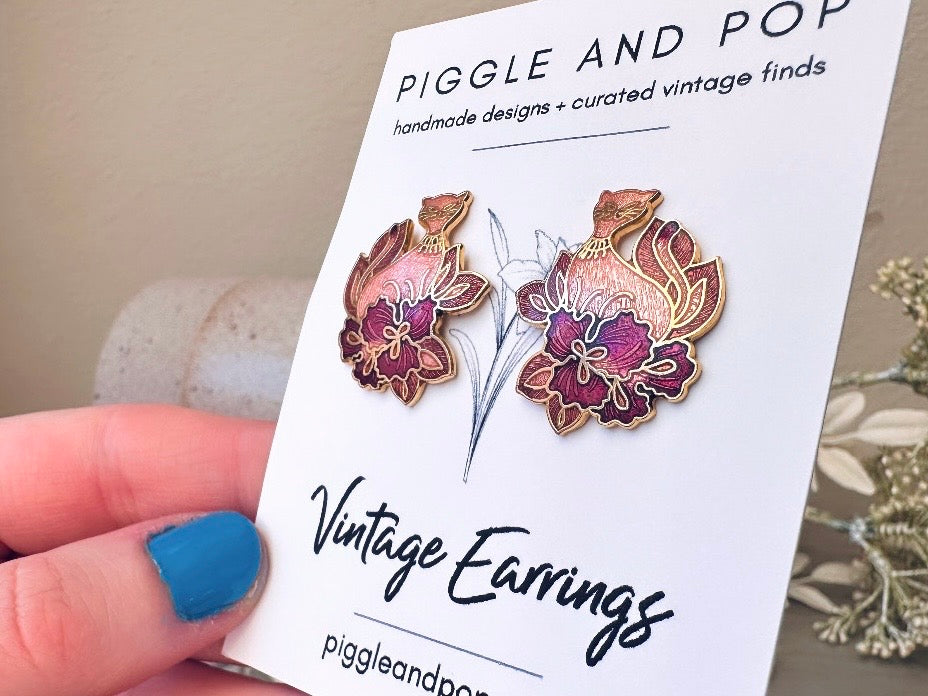 Siamese Cat Earrings, Gorgeous Floral Peach Pink and Gold Cloisonné Vintage Earrings of Cats in Flowers, Whimsical Pierced 1980s Earrings