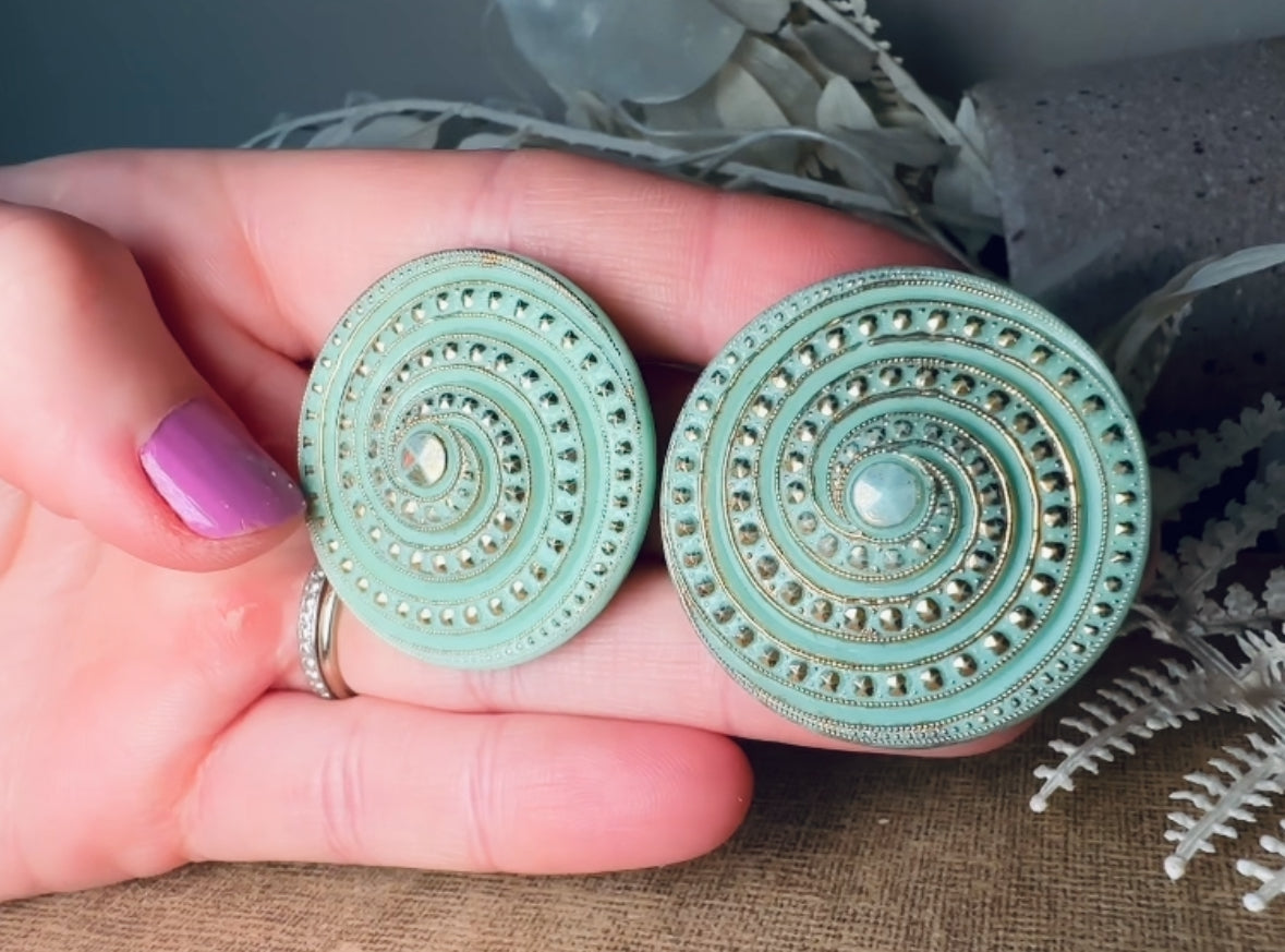 Vintage Mint Glass Earrings, Incredibly Unique Gold Spiral Disc Clip Ons, Seafoam Green Oversized Art Deco Vintage Statement Earrings