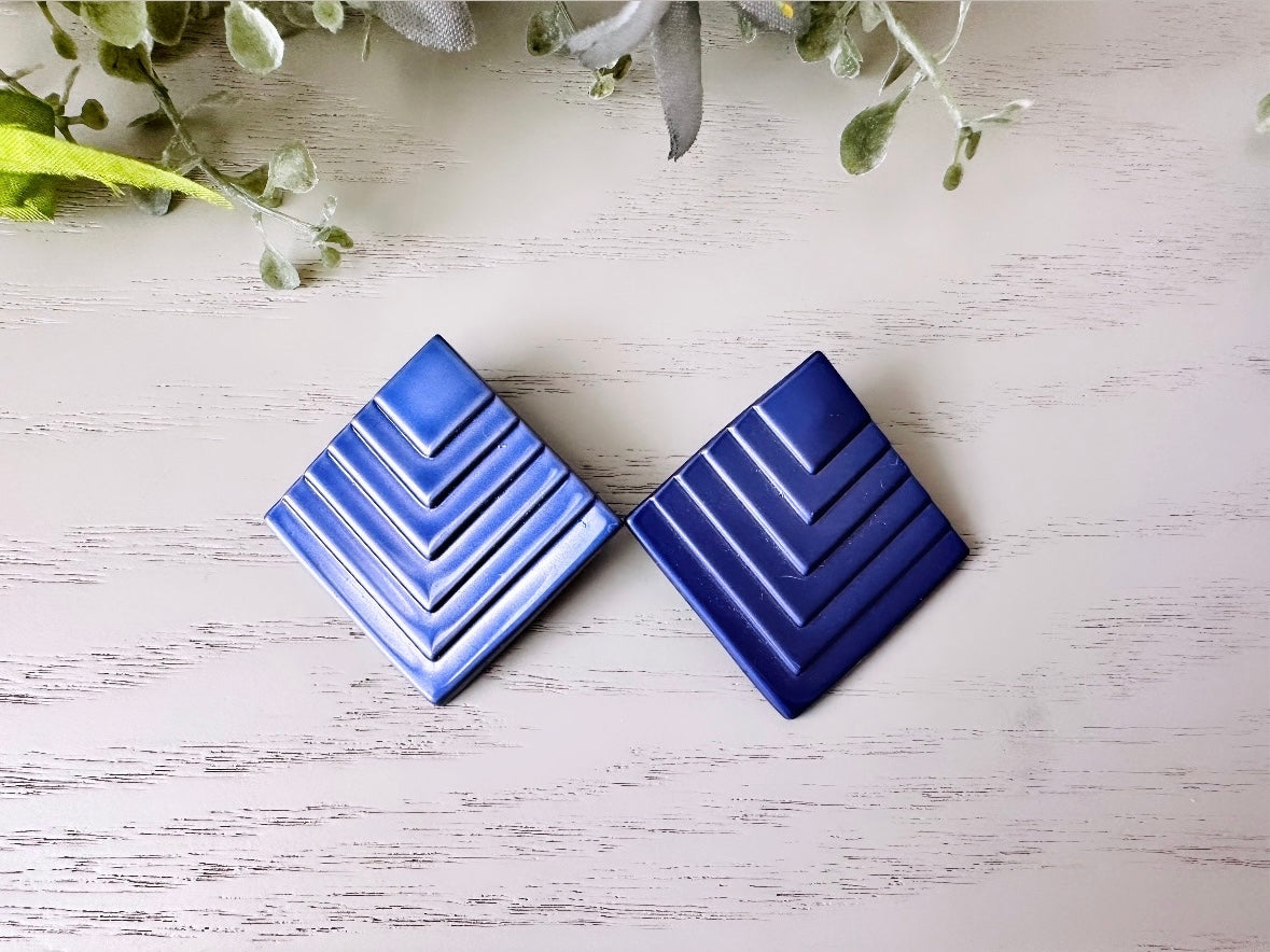1980s Purple Earrings, Metallic Enamel Oversized Square Pierced Earrings, Fun 80s Vintage Earrings, Futuristic Tiered Big Geometric Studs