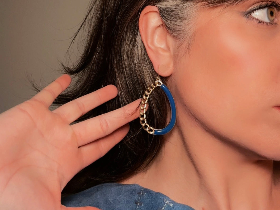 Teardrop Hoop Earrings with Blue Enamel and Gold Chain, Unique 80s Vintage Drop Earrings