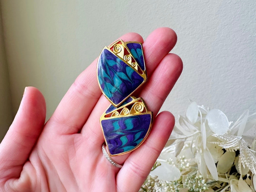 Vintage Purple Teal Gold Earrings, 1980s Pierced Post Earrings, Authentic Vintage Designer Berebi Earrings, Pearlized Enamel Geometric Lace