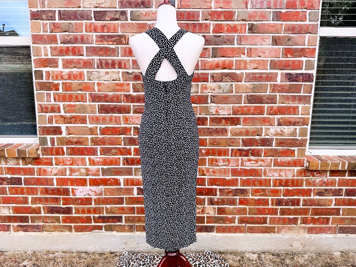 Vintage 1990s Dress, Black + White Polkadot 90s Sundress Effortlessly Cool Rabbit Jr Maxi Dress with Slit, Sweetheart Neckline, Cross Back