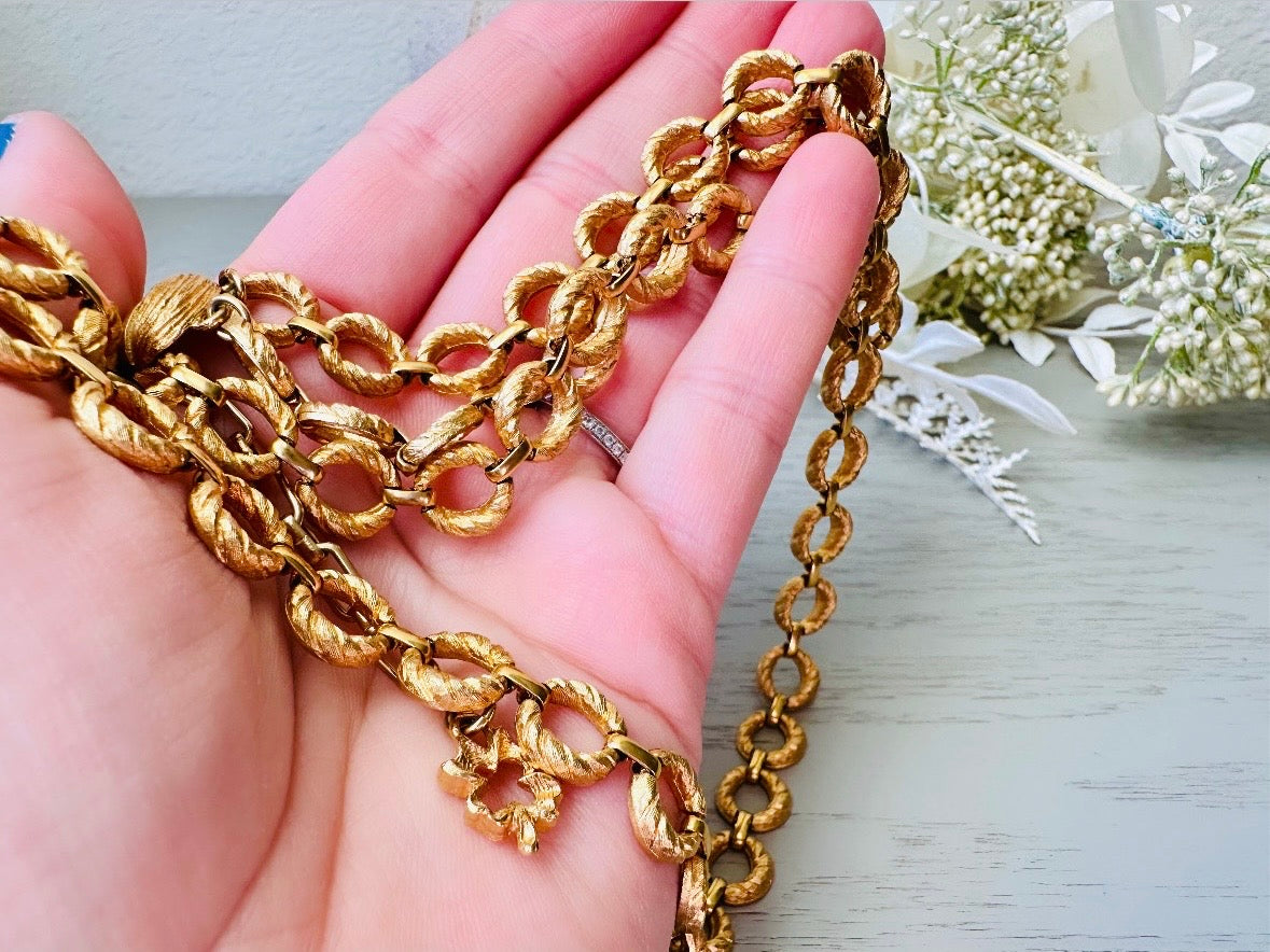 Gold Vintage Double Chain Necklace, Textured Matte Gold Layered Loops, Bold 80s Mogul Style, Leaf and Shamrock Details Authentic Vintage