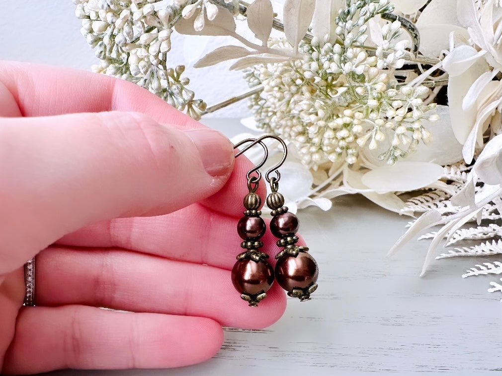 Bridgerton Pearl Earrings in Chocolate Brown, Handmade Beaded Drop Earrings w Antique Bronze Floral Accents, Regency Era Vintage Inspired by Piggle and Pop