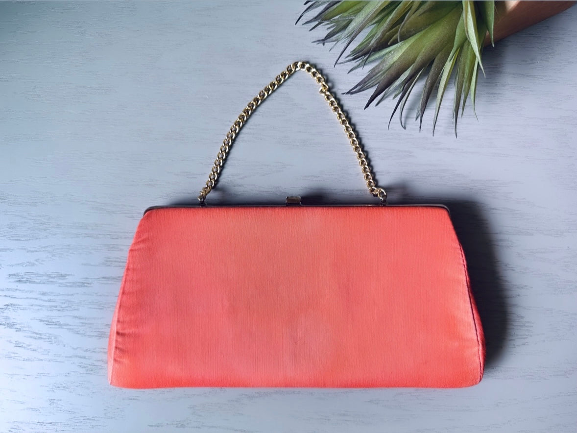 Vintage Coral Pink Clutch, Light Peach Pink Handbag with Gold Hideaway Chain, Vintage Purse, Retro 1960s Clutch, Cute Barbie Fashion