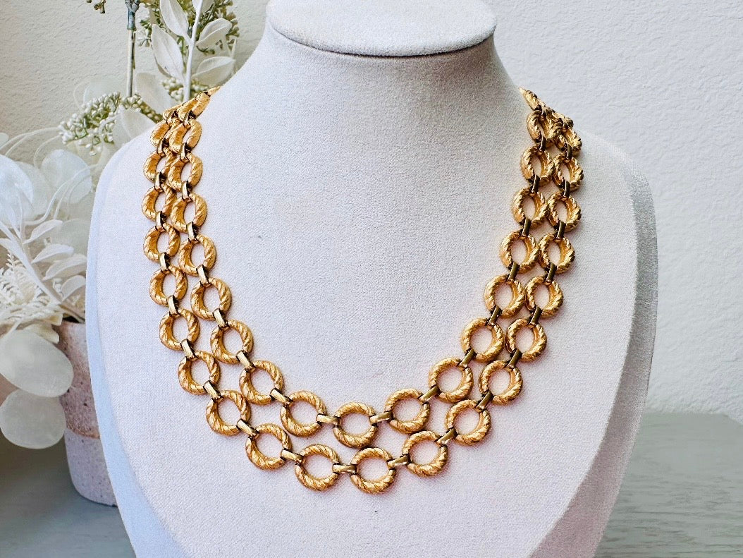 Gold Vintage Double Chain Necklace, Textured Matte Gold Layered Loops, Bold 80s Mogul Style, Leaf and Shamrock Details Authentic Vintage