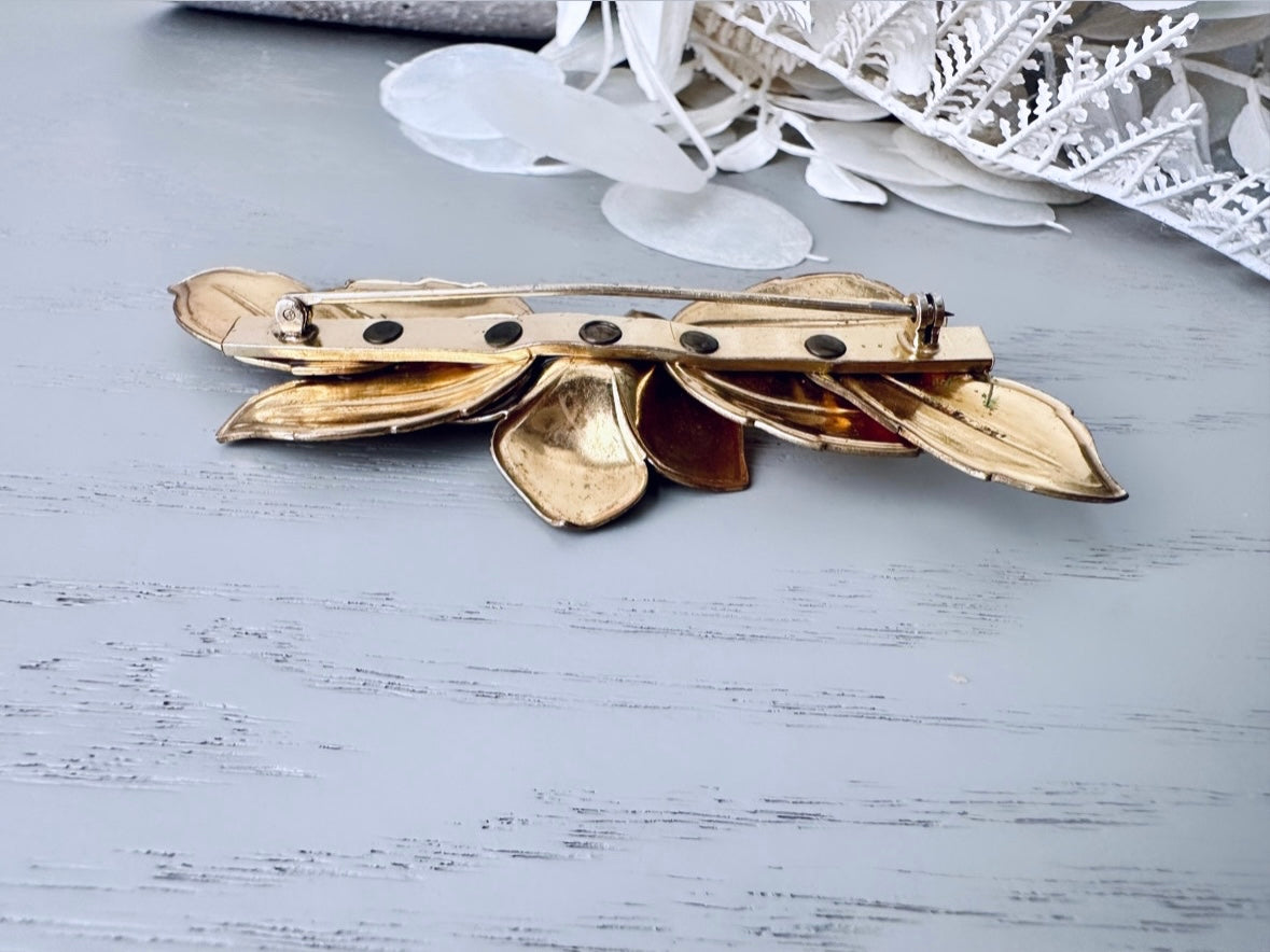 Gorgeous 1940s Flower Brooch, Vintage Fall Accessories, Boho Autumn Brooch, Mustard Yellow and Antique Gold Pin, Rustic Woodland Accessories