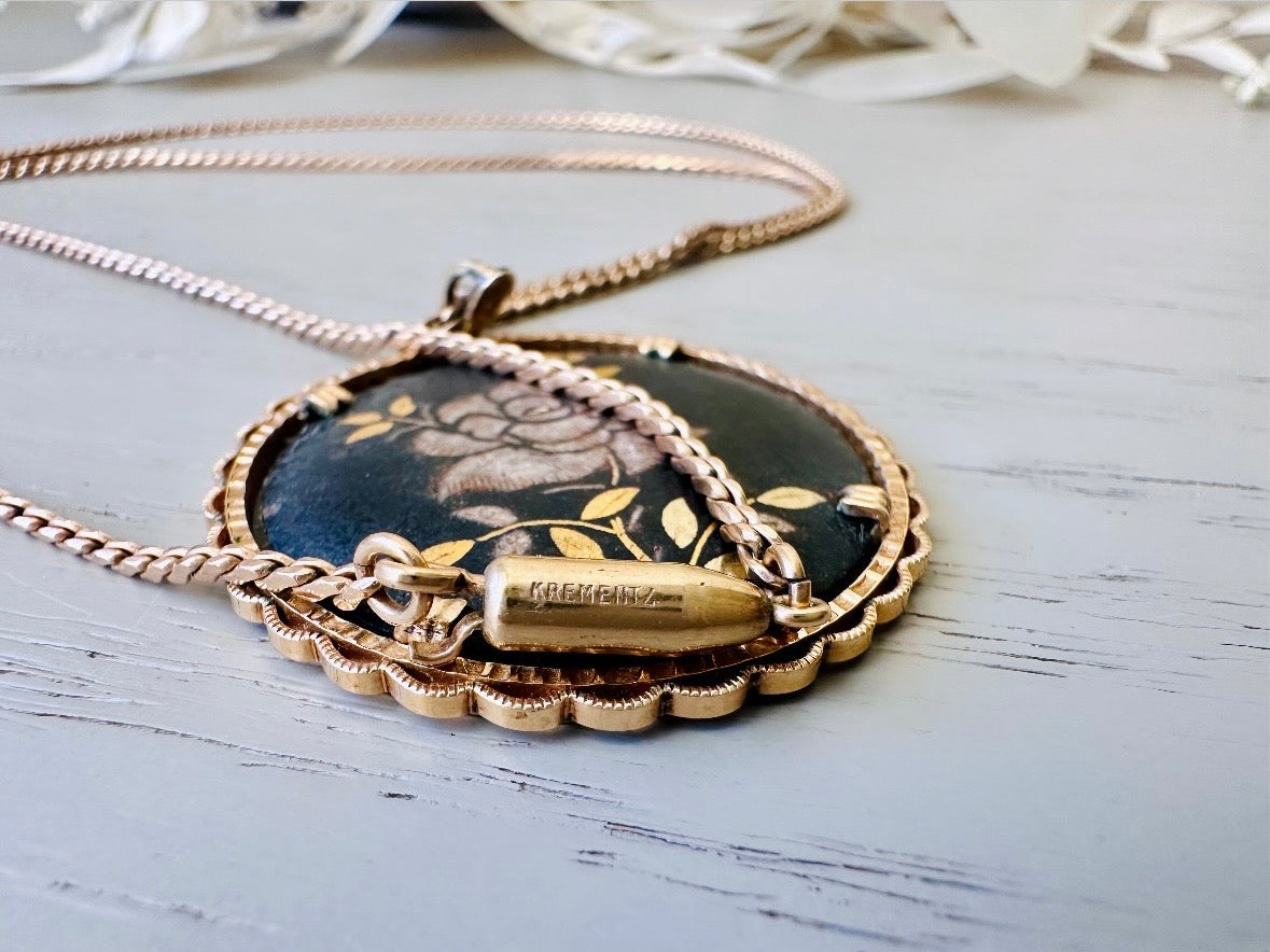 1940s Vintage Rose Necklace, Krementz Black Floral Pendant Necklace close up of signed clasp