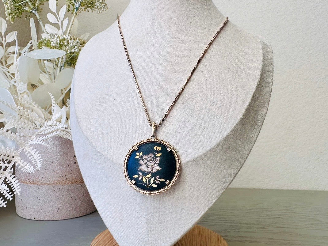 1940s Vintage Rose Necklace, Krementz Black Floral Pendant Necklace display on bust