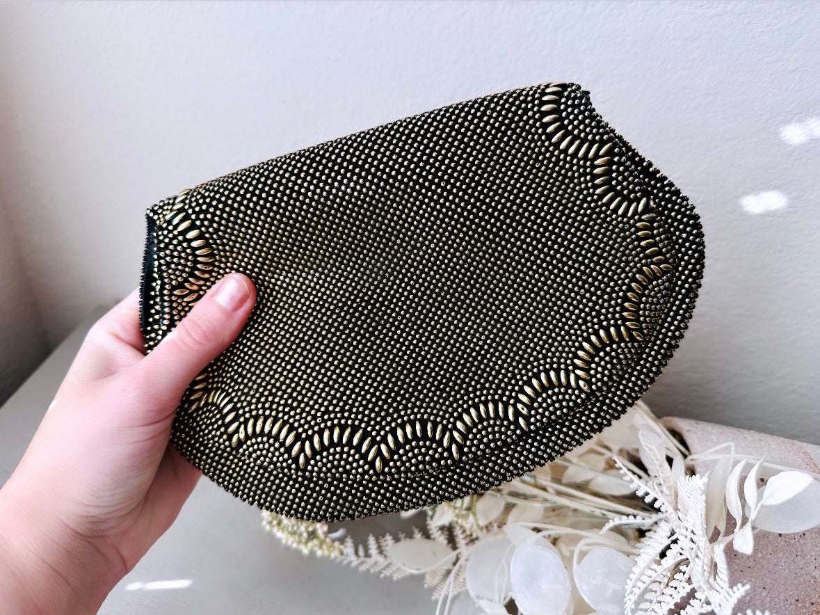 1960s Vintage Clutch, Black and Gold Beaded Evening Bag size reference pic