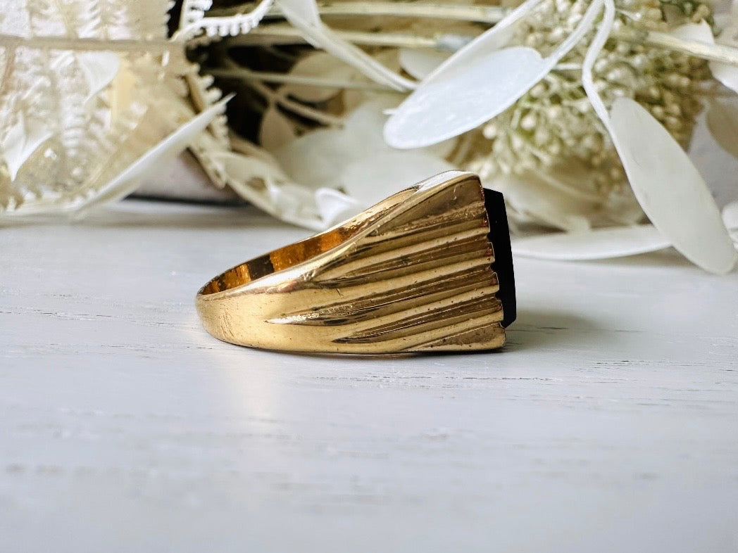 Onyx Signet Ring in Gold, Vintage 1940s Men's Cocktail Ring