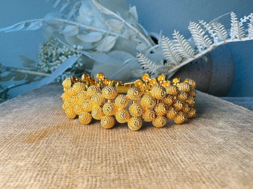 1980s Chunky Gold Bracelet, Vintage Textured Burnished Gold Panel Bracelet, Triple Row Honeycomb Link Bracelet