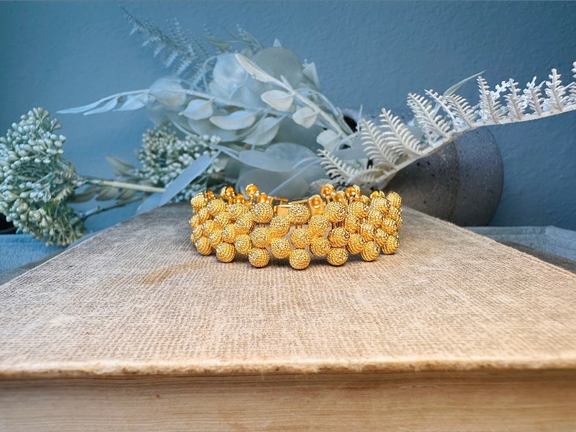 1980s Chunky Gold Bracelet, Vintage Textured Burnished Gold Panel Bracelet, Triple Row Honeycomb Link Bracelet
