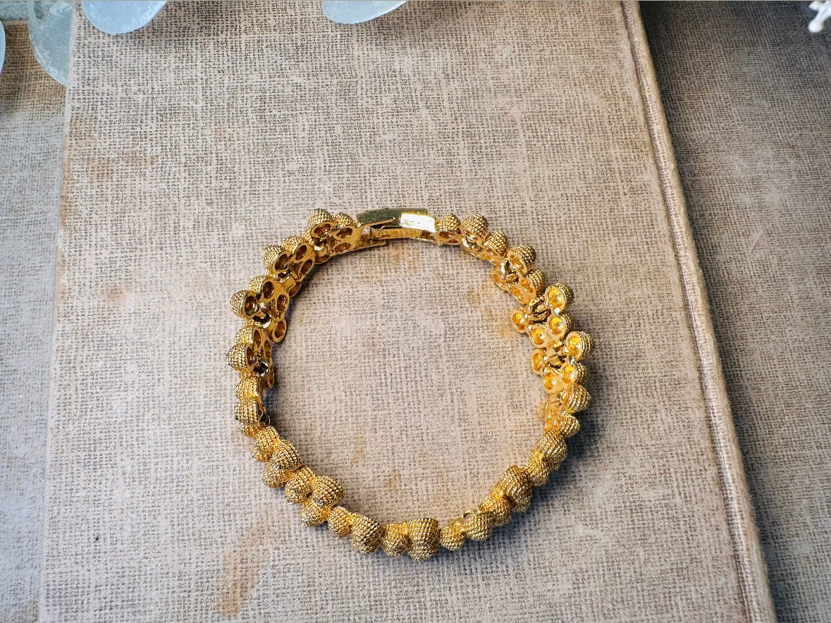 1980s Chunky Gold Bracelet, Vintage Textured Burnished Gold Panel Bracelet, Triple Row Honeycomb Link Bracelet