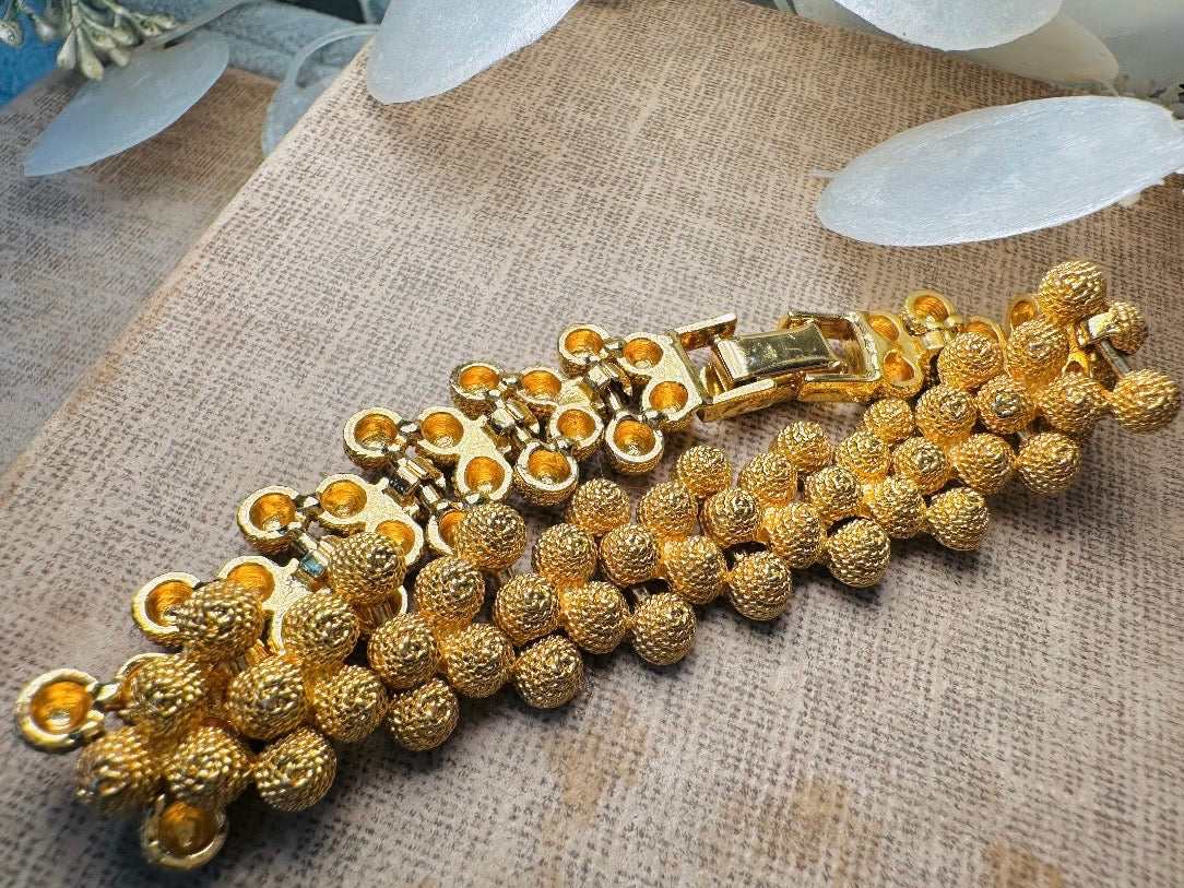 1980s Chunky Gold Bracelet, Vintage Textured Burnished Gold Panel Bracelet, Triple Row Honeycomb Link Bracelet