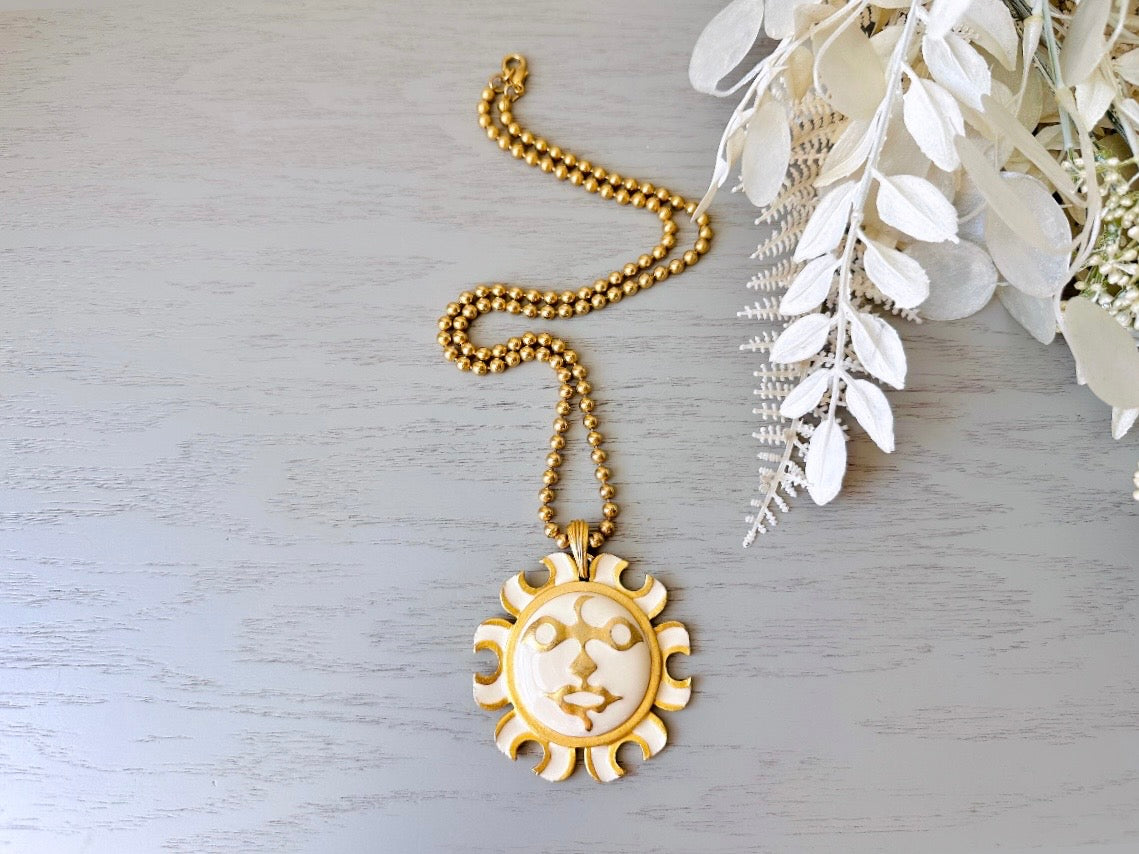 Vintage Sun Pendant Signed Maxine Denker Necklace, Rare Vintage Gold Cream Enamel Sun Necklace, Eclectic Maximalist 1980s Designer Vintage