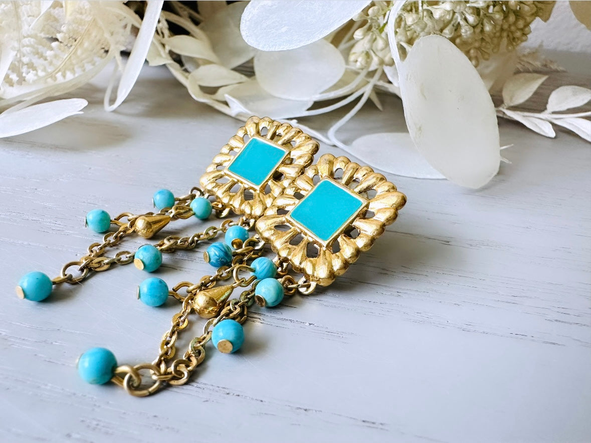 1990s Avon Caribbean Rain Pierced Earrings, Turquoise Blue and Gold Square Filigree Earrings with Chain Tassel 8