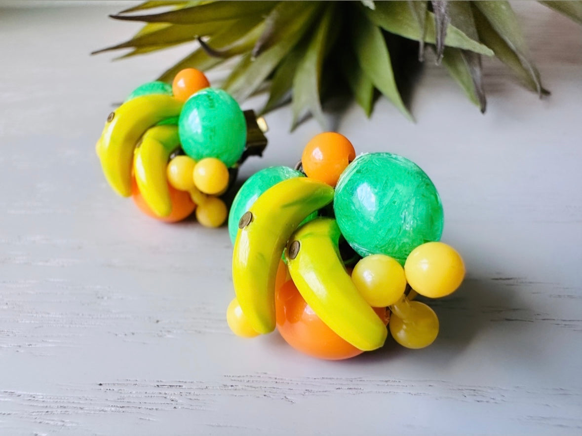 Fruit Salad Earrings, Iconic Carmen Miranda Fruit Earrings, Vintage West Germany Clip on Earrings, Glass Fruit Bowl Banana Apple Orange