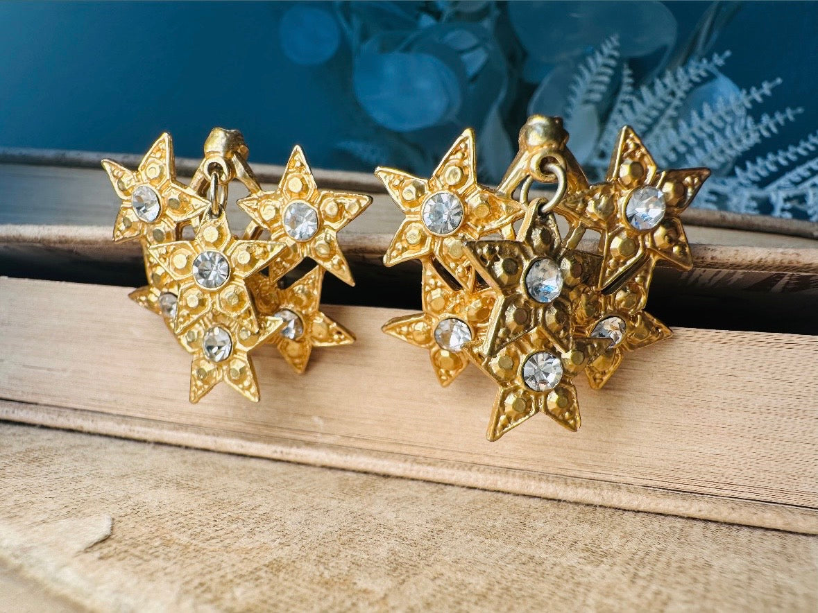 Vintage Star Earrings, Dimensional Gold and Rhinestone Statement Earrings, Unique Celestial Dangle Earrings, Star Charm Clip Ons