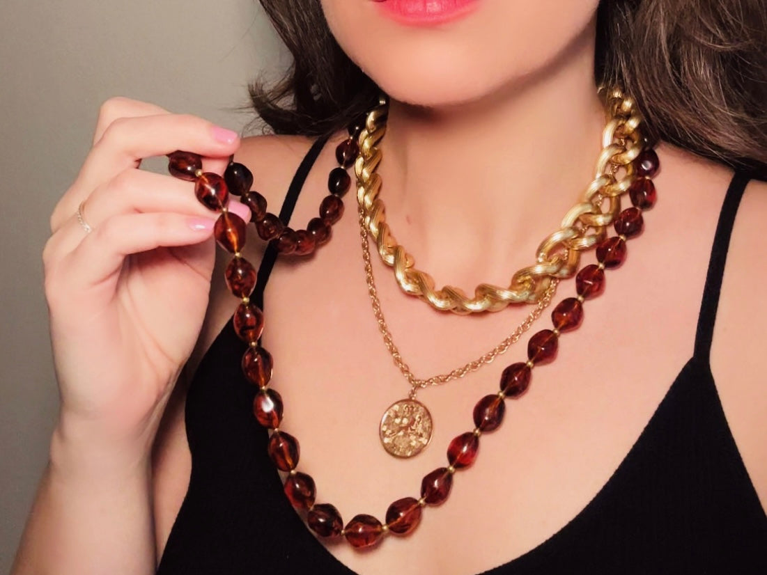 Vintage Faux Amber Necklace, Long Beaded Glowing Rootbeer Simulated Amber Trifari Necklace with Gold Accents, 1970s Signed Designer Jewelry