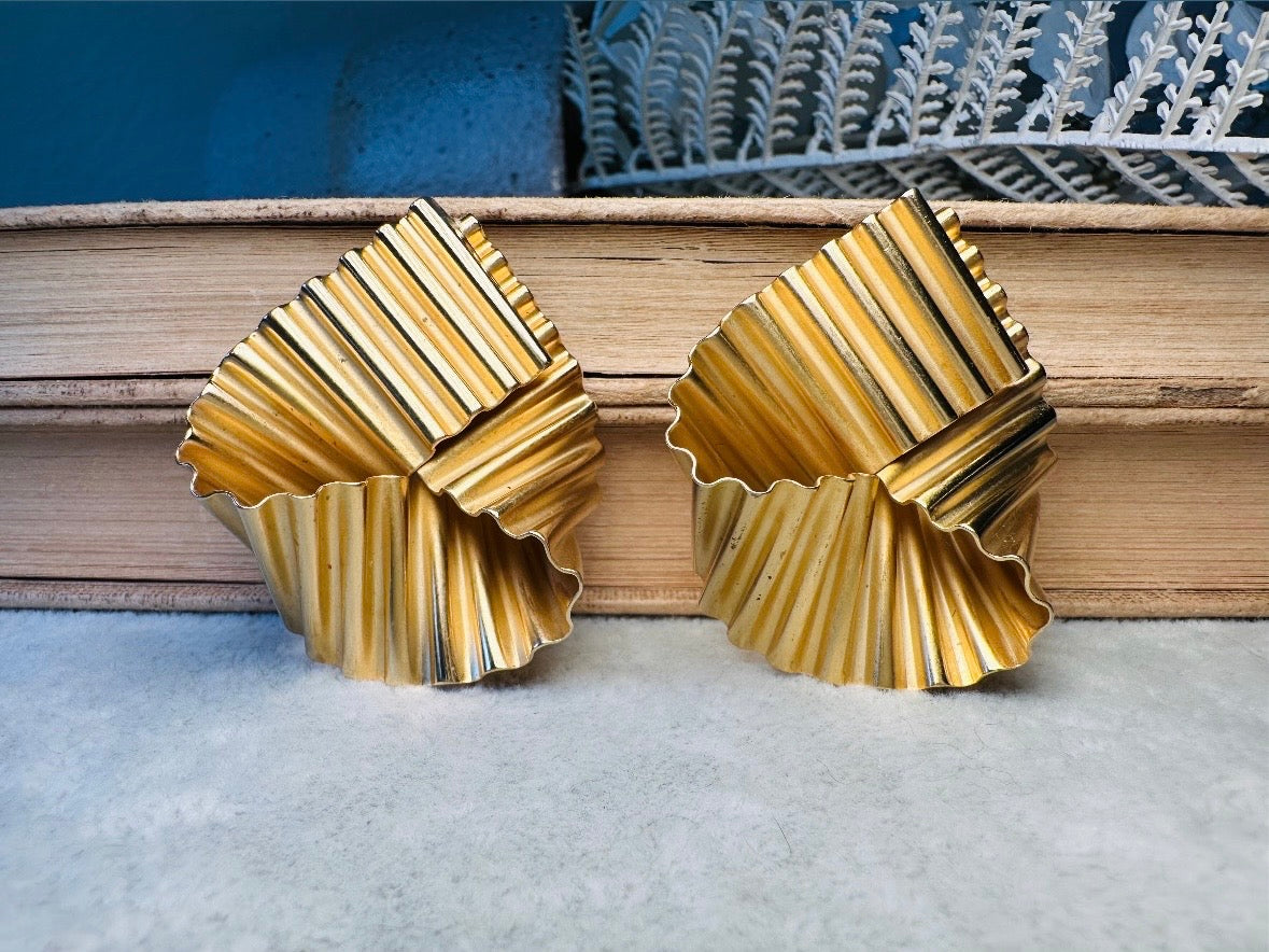 Gold Ribbon Earrings, Vintage 1980s Glam Oversized Earrings