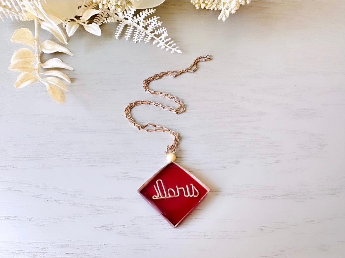 Doris Vintage Necklace, Clear + Red Lucite Diamond Shape Pendant Necklace, Personalized Doris Name Wire Work Faux Pearl, Gold Tone Chain