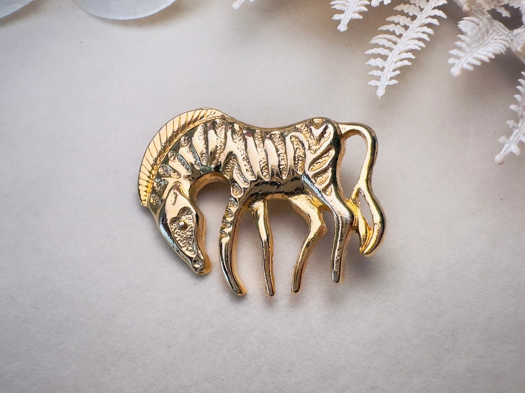 Gold Zebra Brooch Pin, Vintage Wild Zebra Pin, Fun 1980s Jewelry, 80s Gold Vintage Brooch