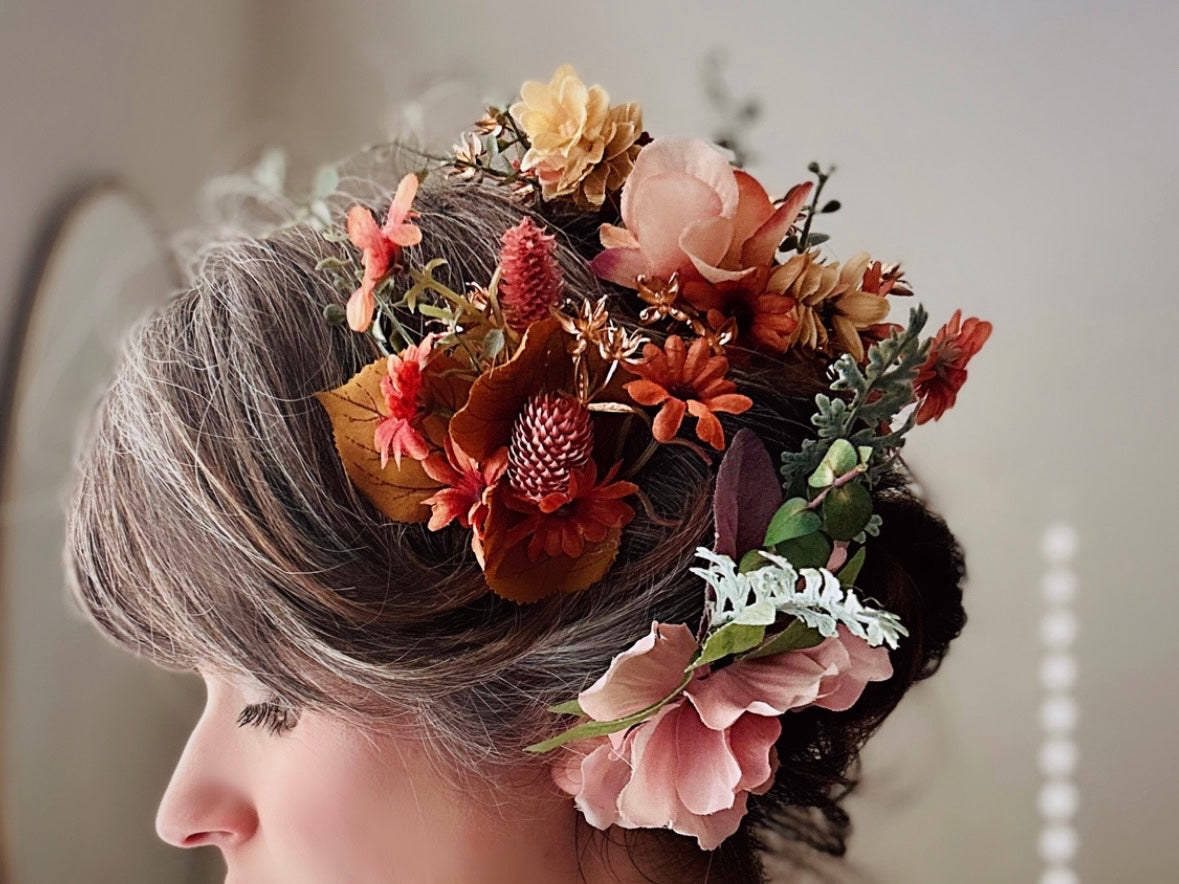 Autumn Hair Clip, Rustic Orange Browns + Pink Fall Foliage Wedding Hair, Floral Autumn Fascinator Burnt Orange Copper Bride Hair Accessories