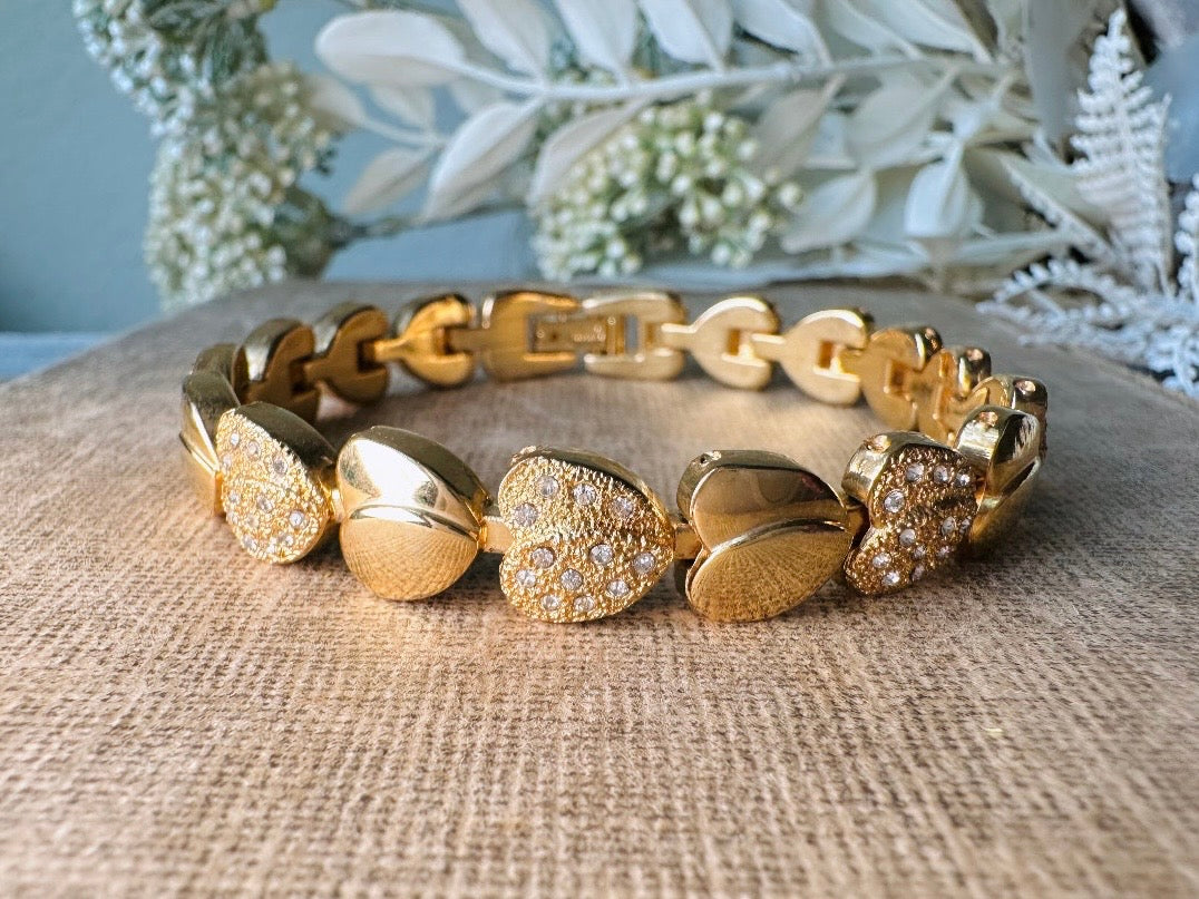 Gold Heart Bracelet, Shimmering Rhinestone Tennis Bracelet