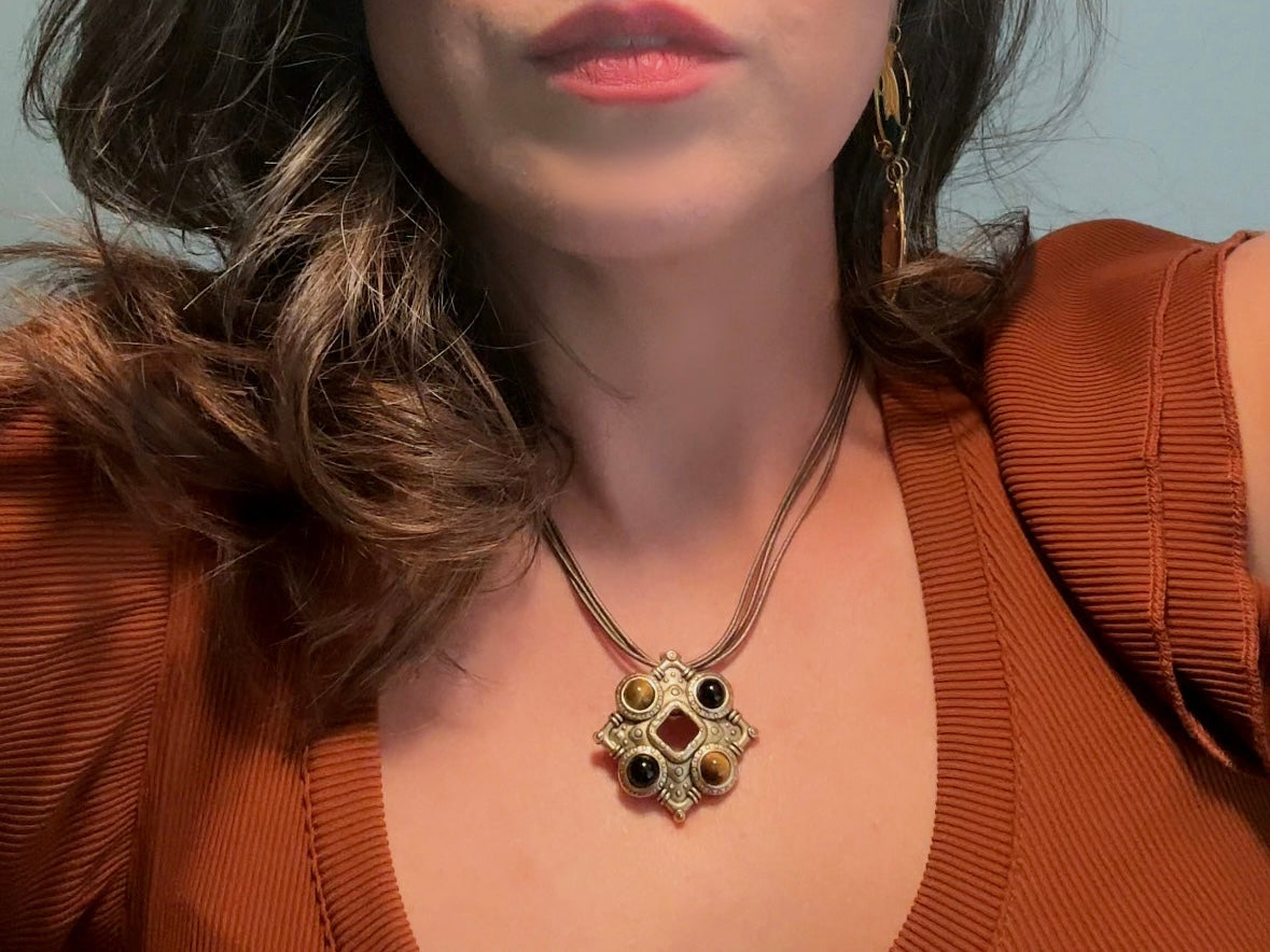 Vintage Pendant Necklace, Tigers Eye and Onyx Gemstone Pendant Necklace by Premier Designs, Etruscan Necklace with Gold Detachable Pendant