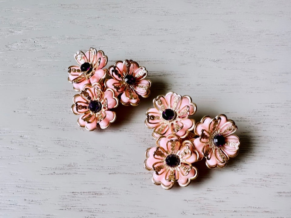 Baby Pink 1950's Vintage Earrings, Light Pink Molded Flower Earrings with Purple Rhinestone Earrings, Gold Tone Vintage Clip On Earrings