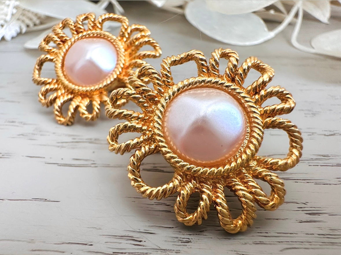 Vintage Blush Pearl Earrings, Gorgeous Pink Faux Pearl Cabochon & Burnished Gold Floral Clip On Earrings