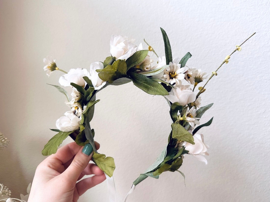 Ivory Flower Crown, Handmade Woodland Nymph Bridal Floral Hair Wreath, Cream Forest Queen Headpiece