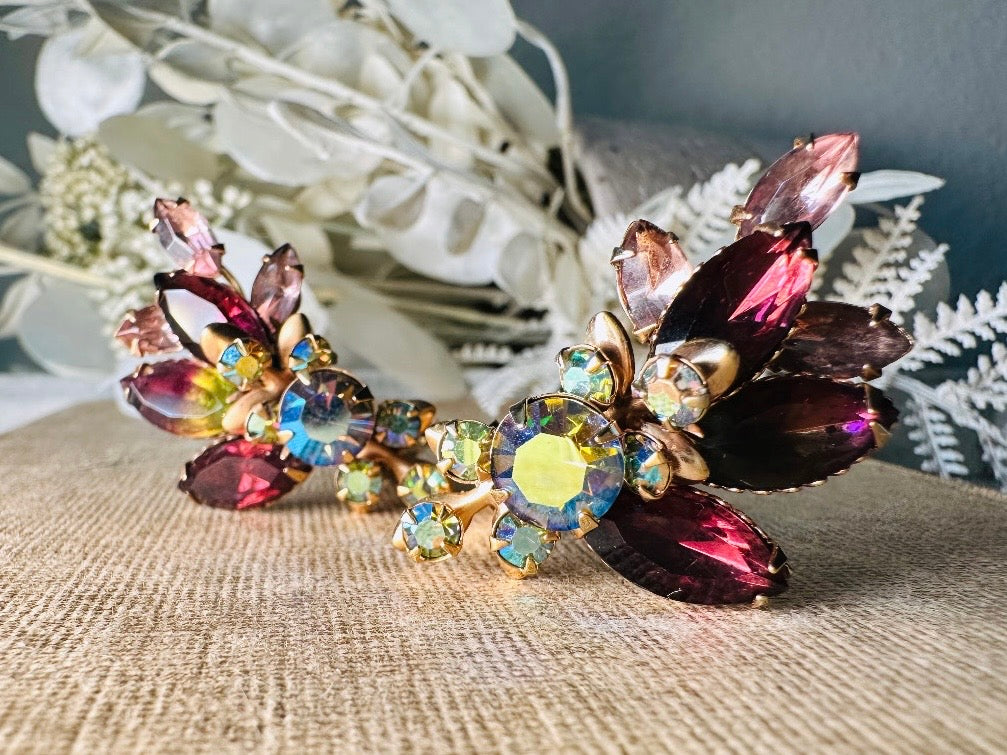 Vintage Rhinestone Earrings, Stunning Plum Pink and Green 1960s Cocktail Earrings, Sparkling Marquise Cut Amethyst Wing Statement Earrings
