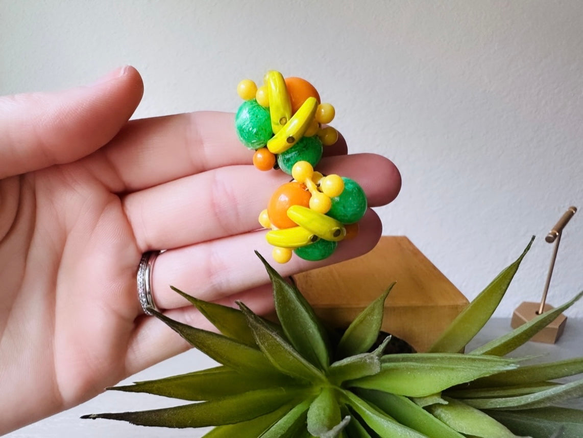 Fruit Salad Earrings, Iconic Carmen Miranda Fruit Earrings, Vintage West Germany Clip on Earrings, Glass Fruit Bowl Banana Apple Orange
