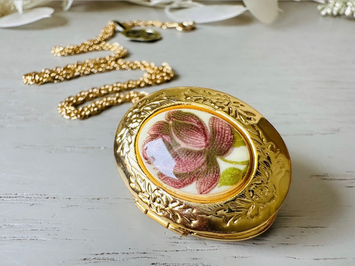 Flower Locket Necklace, Vintage Gold Chain with Plum Rose Cameo,