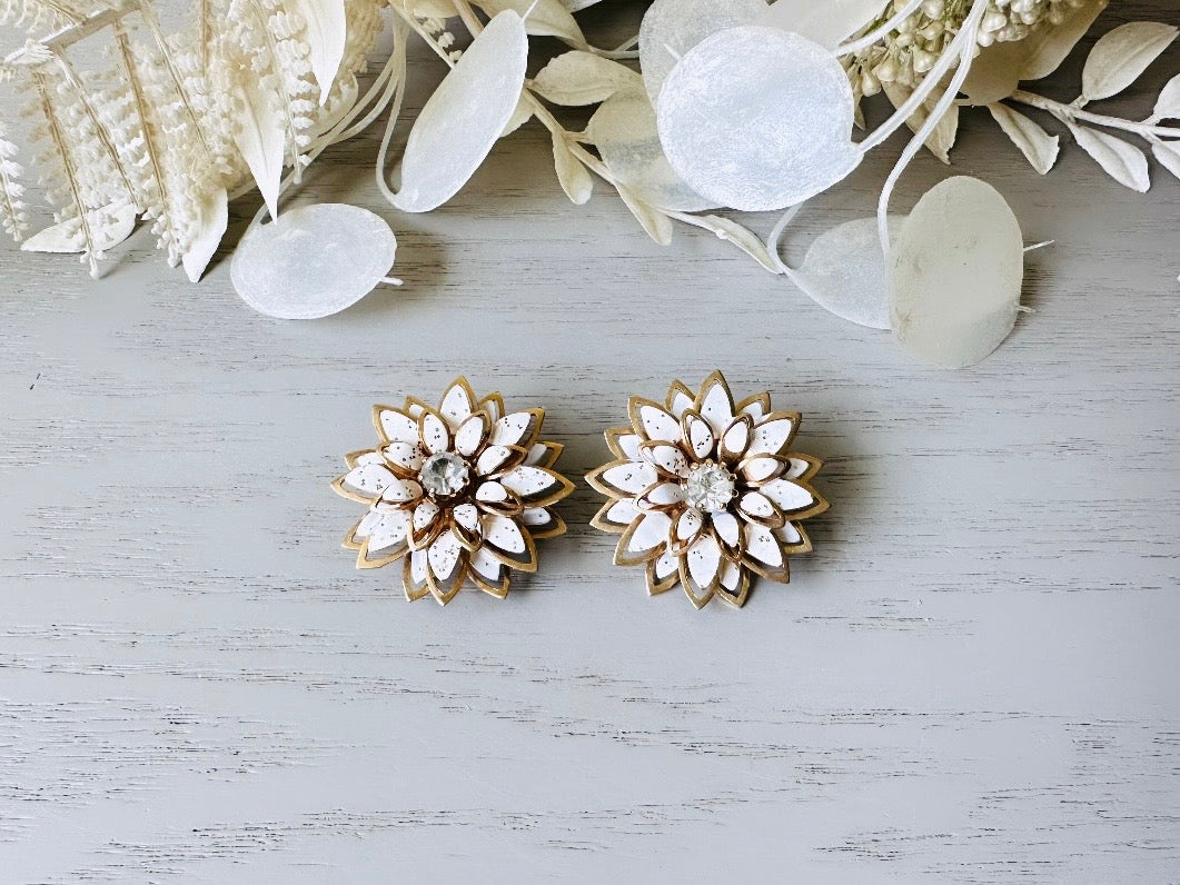 Vintage White Earrings, Floral White and Gold Clip On Earrings, Gorgeous Vintage 1960s Flower Earrings with Silver Glitter Rhinestone