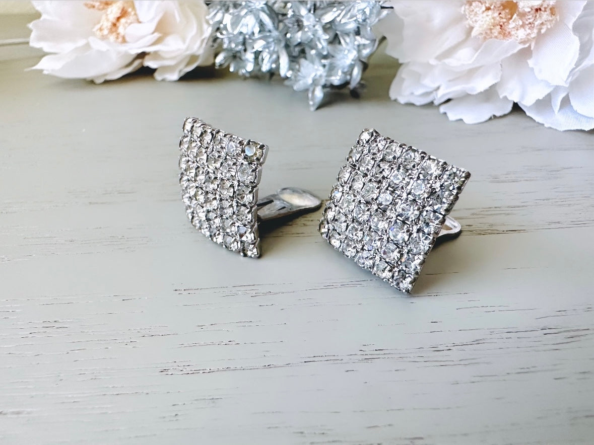 1970s Disco Earrings, Bejeweled Vintage Rhinestone Earrings, Big Square Statement Earrings, Sparkling Silver Earrings, Retro Glam Style