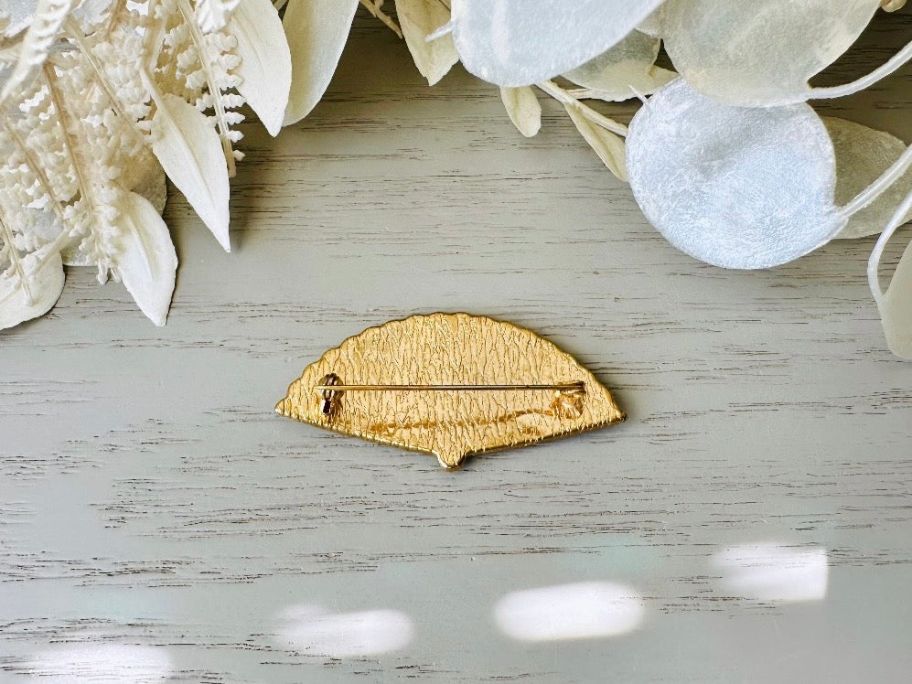 Vintage Damascene Brooch, Black and Gold Floral Bird Pin, Etched Gold on Matte Black Intricate Fan Brooch