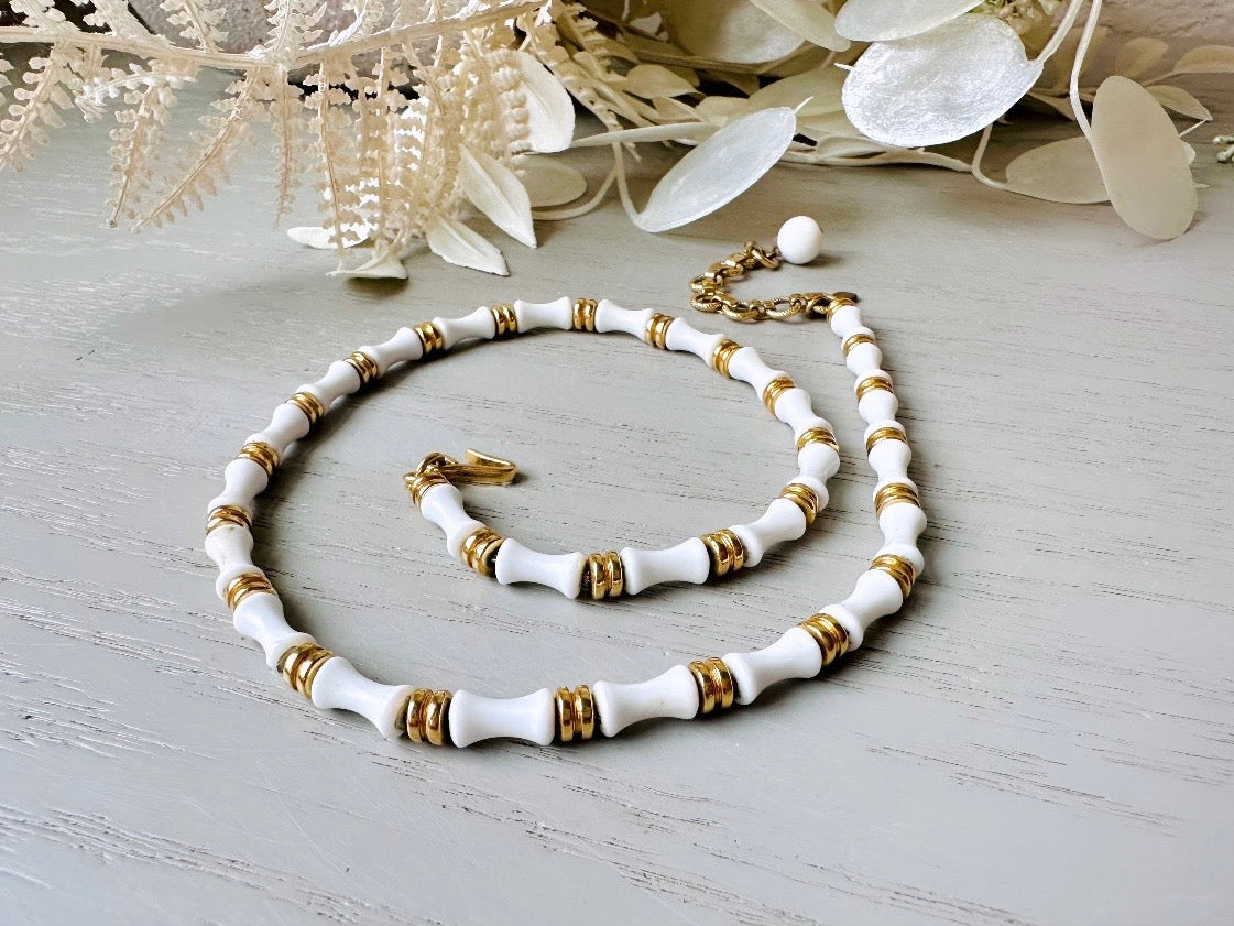 1960s Vintage Monet Bamboo Necklace in White and Gold