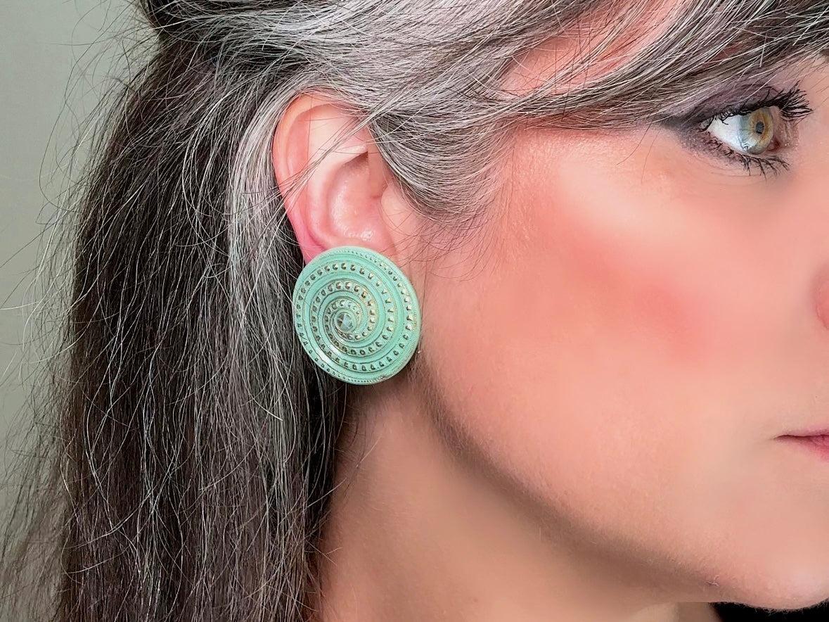 Vintage Mint Glass Earrings, Incredibly Unique Gold Spiral Disc Clip Ons, Seafoam Green Oversized Art Deco Vintage Statement Earrings