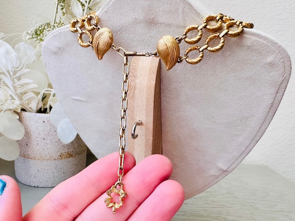 Gold Vintage Double Chain Necklace, Textured Matte Gold Layered Loops, Bold 80s Mogul Style, Leaf and Shamrock Details Authentic Vintage