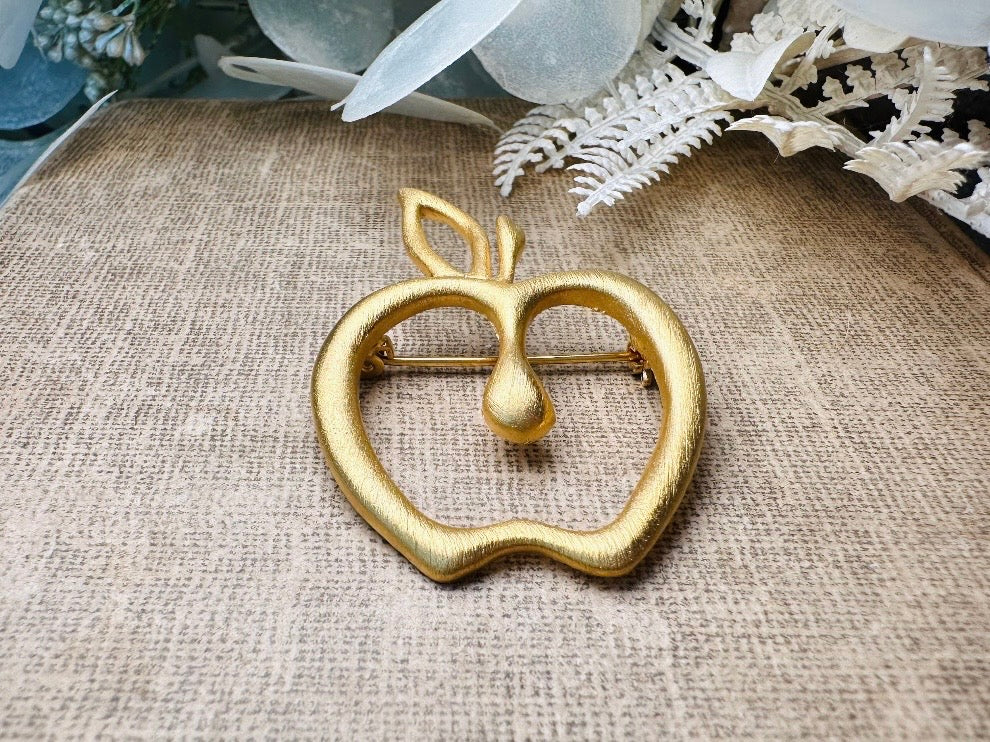 Gold Apple Brooch, Whimsical Vintage Brushed Gold Brooch, Perfect Teacher Gift for Back to School, Bookish Quirky Brooch, Cute Fruit Pin