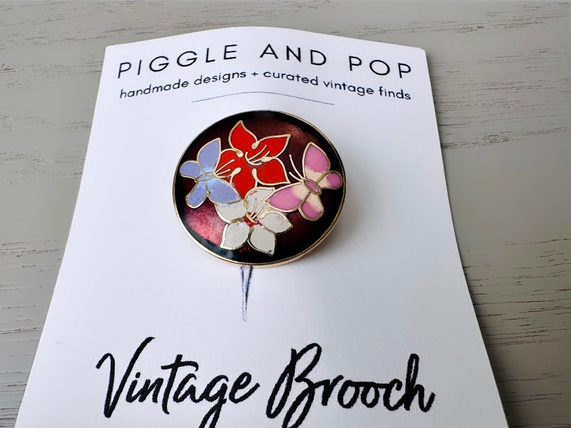 Vintage Cloisonne Enamel Brooch with Lilies and Butterflies, Colorful Flower Brooch, Vintage Lapel Pin, Retro Summer Accessories for Women