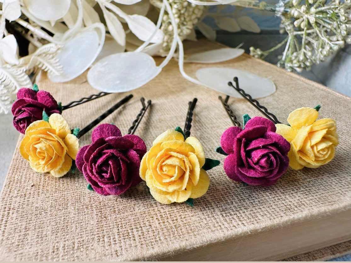 Rose Hair Pins in Marigold Yellow & Plum Wine, Paper Rose Bobby Pin, Floral Hair Accessories, Handmade Flower HairPins for Wedding Prom Hair from Piggle and Pop