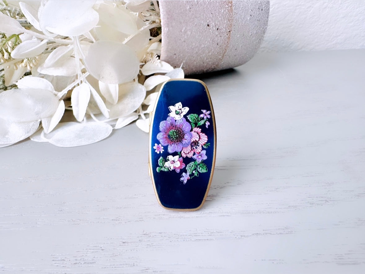 Vintage Lipstick Mirror, Vintage 1950s Cosmetic Case, Deep Navy Blue Indigo with Purple Flowers Mirror, Vtg 50s Floral Makeup Mirror