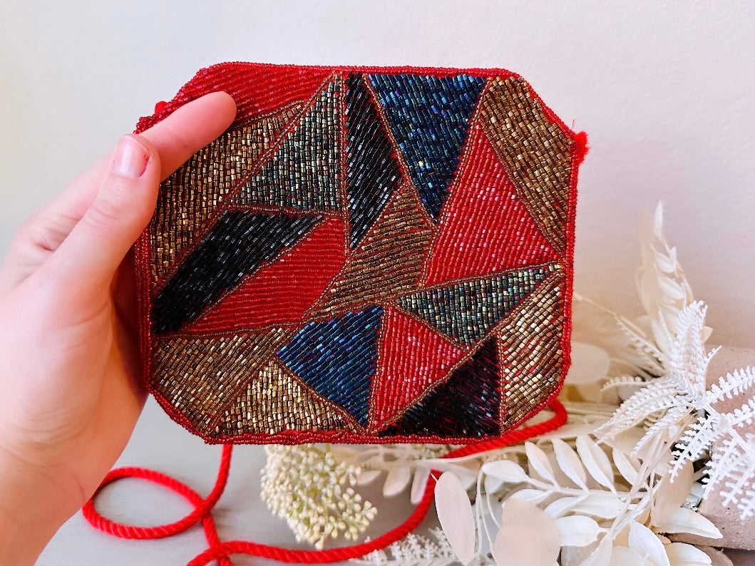 Red 1980s Vintage Beaded Handbag, Geometric Triangle Purse, Incredible 80s Hand Beaded Purse with Gold Black Blue and Peacock Green Accents