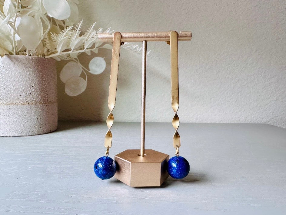 Lapis Blue and Matte Gold Vintage Drop Earrings, 1980s Runway Chic Dramatic Maximalist Extra Long Earrings, Pierced Faux Lapis Earrings